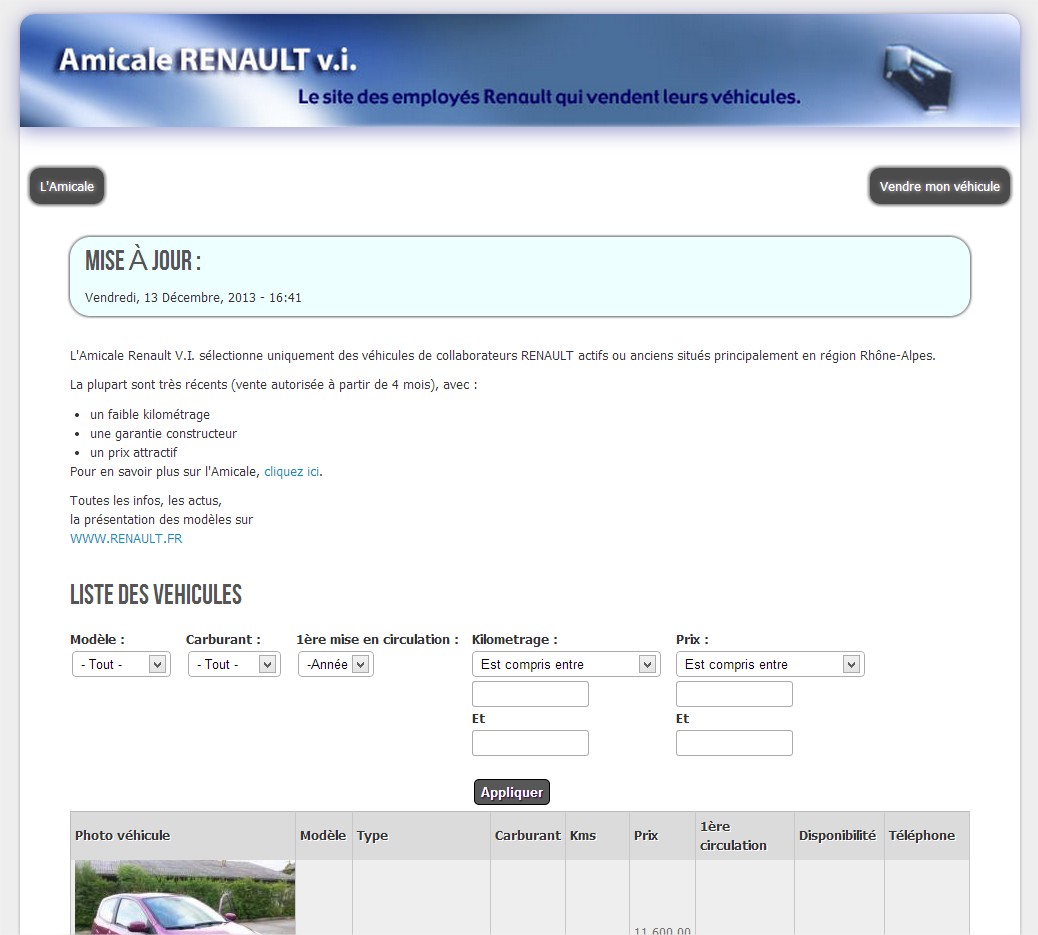 Page d'accueil du site de l'Amicale Renault